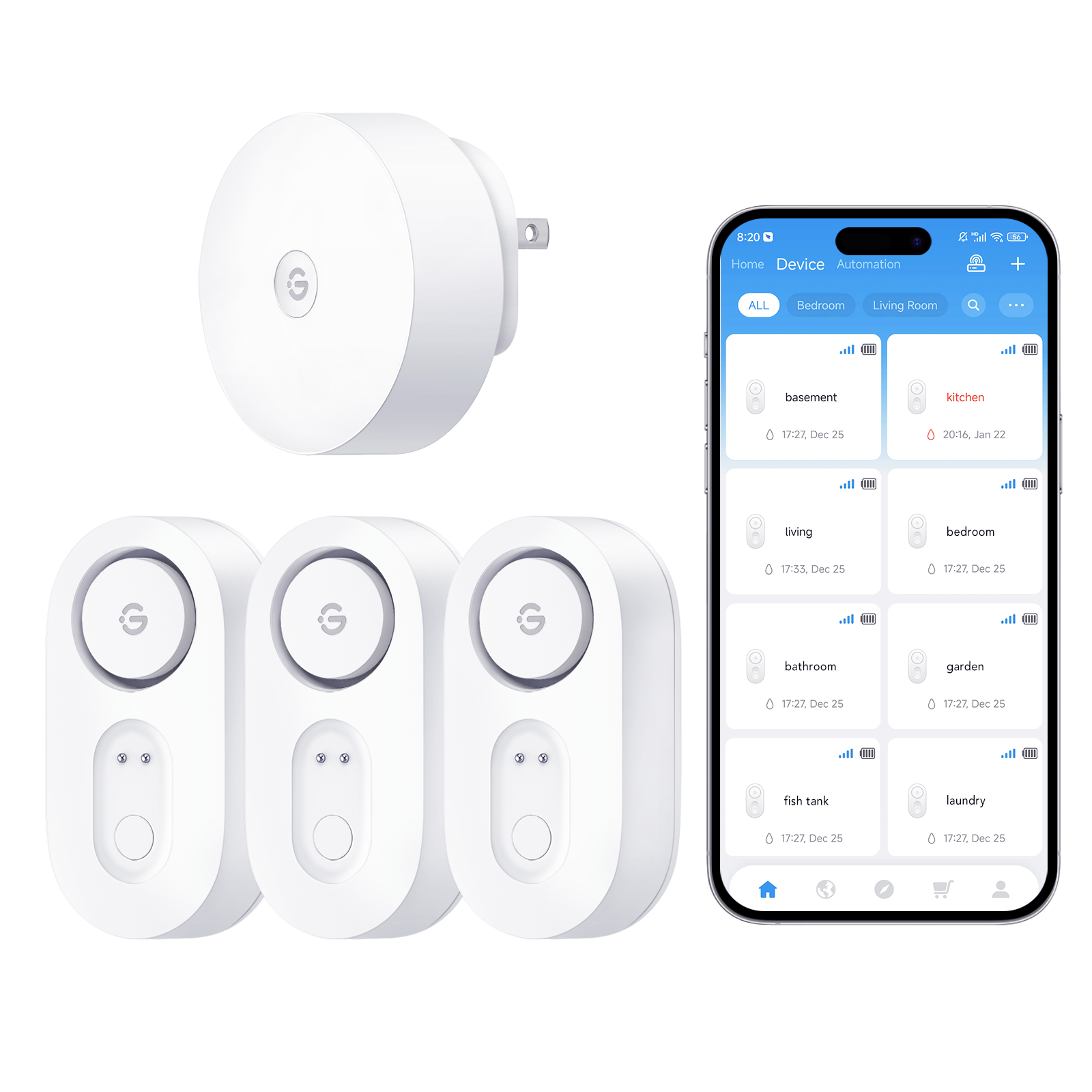 GoveeLife Water Leak Detector 1S, gateway + 3 sensors, imagen de producto del modelo exacto.
